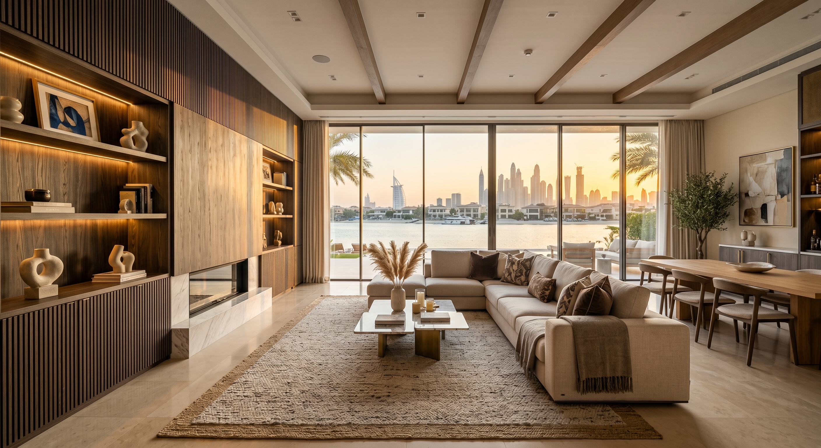Living room of a wrapped and fitted-out villa on Palm Jumeirah, Dubai